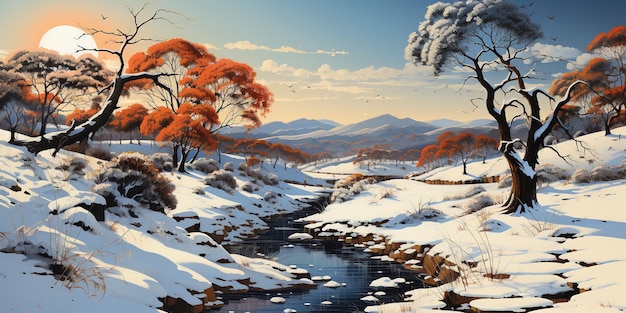 Paysage d'hiver avec neige et arbres rivière d'hiver entre les arbres
