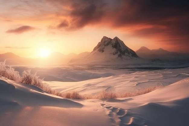 Un paysage d'hiver avec de la neige et un coucher de soleil