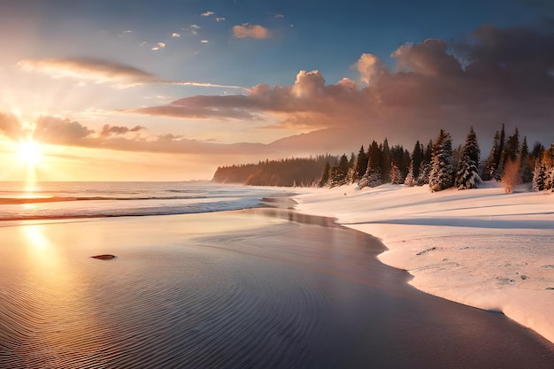 Un paysage d'hiver avec de la neige sur la plage et un coucher de soleil en arrière-plan.