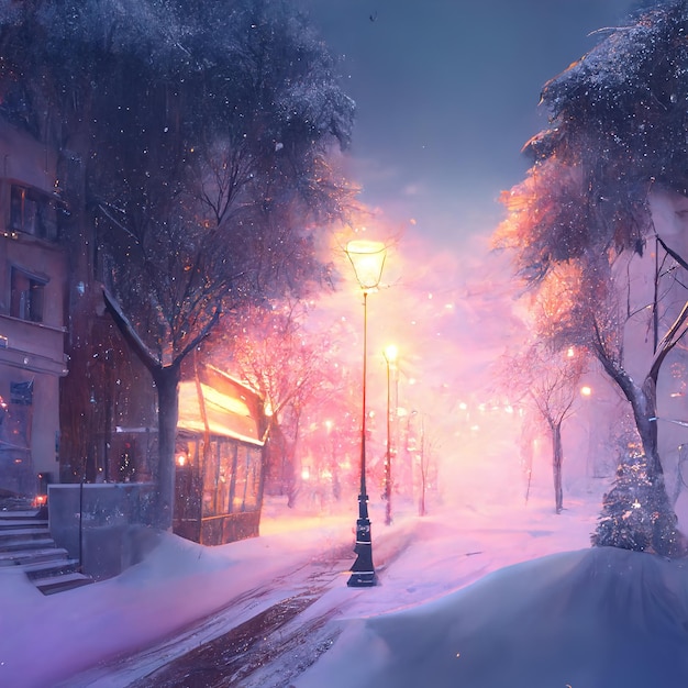Paysage d'hiver nocturne sur l'allée de l'illustration 3D du parc de la ville