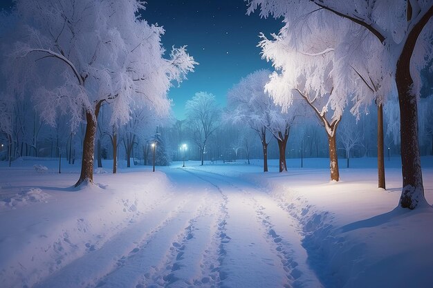 Paysage d'hiver nocturne dans l'allée du parc de la ville