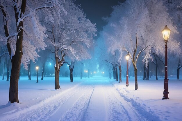 Paysage d'hiver nocturne dans l'allée du parc de la ville