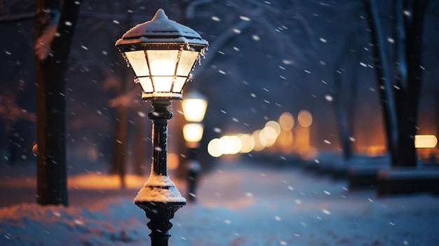 Paysage d'hiver nocturne dans l'allée du parc de la ville