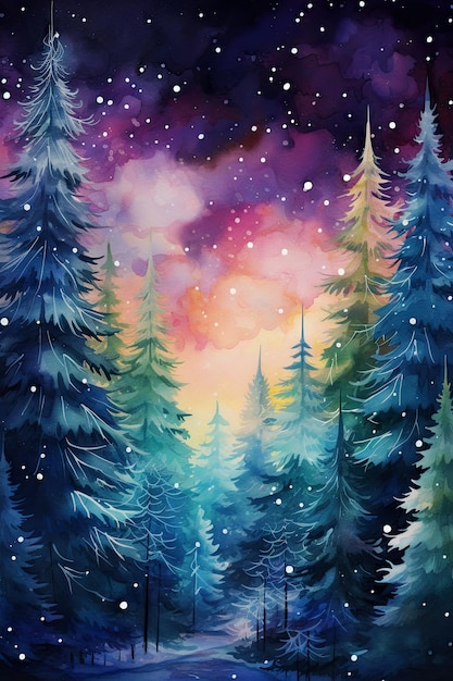 Paysage d'hiver de Noël la nuit avec des sapins, des étoiles, de la neige et des lumières dans un style aquarelle