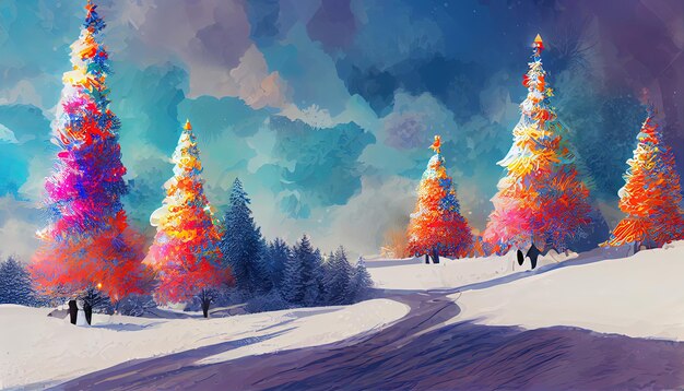 Paysage d'hiver de Noël par temps froid et fond de sapin de Noël de gel Generative Ai