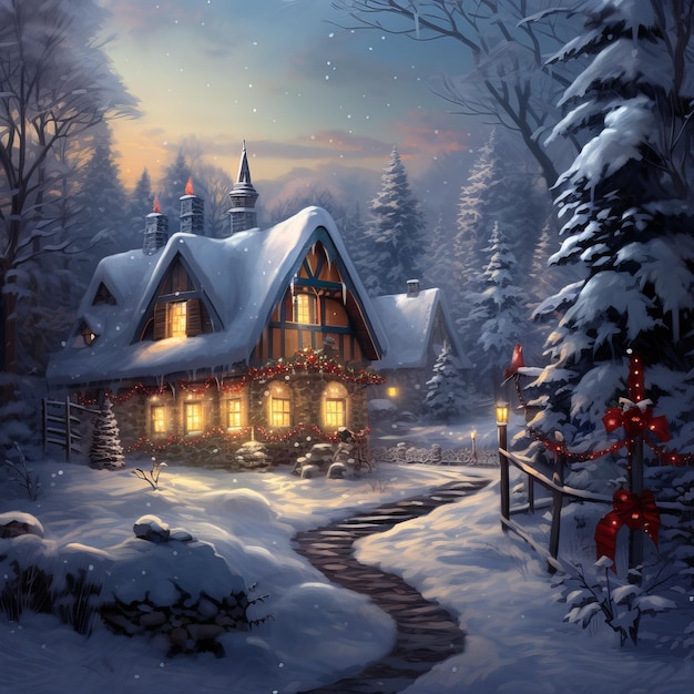 Paysage d'hiver de Noël avec une petite maison en bois dans une forêt de neige nuit d'hiver magique