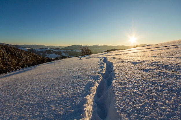 Paysage d'hiver de Noël. Sentier de la trace de l'empreinte humaine dans la neige profonde d'un blanc cristallin à travers un champ vide, une chaîne de montagnes sombre et boisée, une lueur douce à l'horizon sur un fond d'espace de copie de ciel bleu clair.