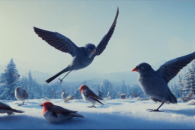paysage d'hiver avec des oiseaux dans la neige