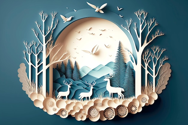 Paysage d'hiver en papier cerf animaux et oiseaux la nuit dans la forêt