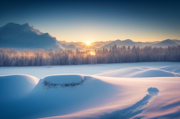 Un paysage d'hiver avec un paysage enneigé et une montagne en arrière-plan