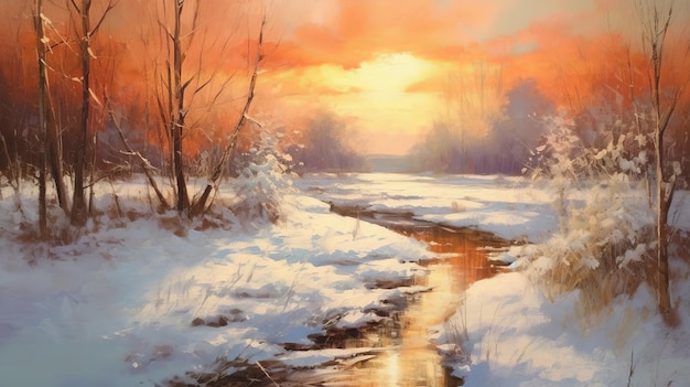 Paysage enneigé en peinture ... Paysage-hiver-peignant-ruisseau-coucher-soleil-photorealiste-cyan-clair-orange_899449-83948