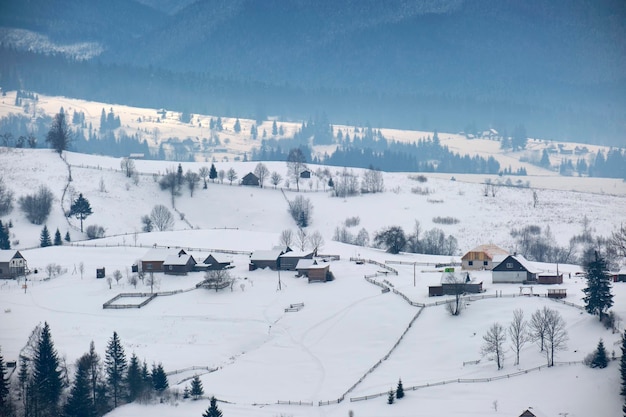 Paysage d'hiver avec de petites maisons de village entre la forêt couverte de neige dans les montagnes froides