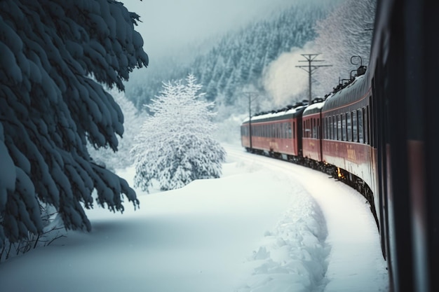 Paysage d'hiver pittoresque avec train dans les montagnes créé à l'aide de la technologie générative ai