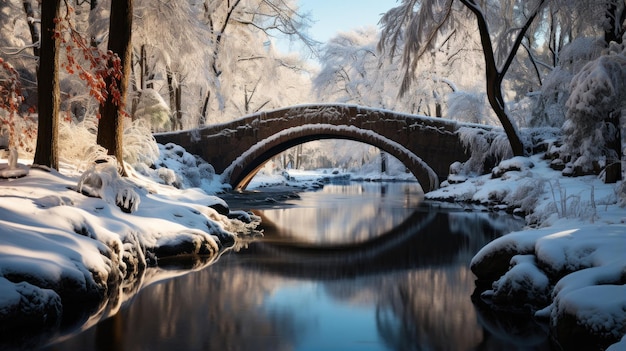 Paysage d'hiver avec pont de pierre sur la rivière dans le parc