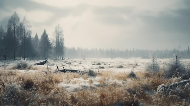 Paysage d'hiver avec prairie enneigée et forêt au loin par temps nuageux Génération d'IA