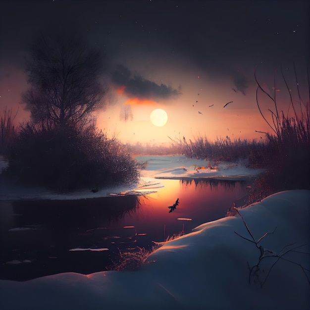 Paysage d'hiver avec rivière et arbres dans la neige au coucher du soleil peinture numérique