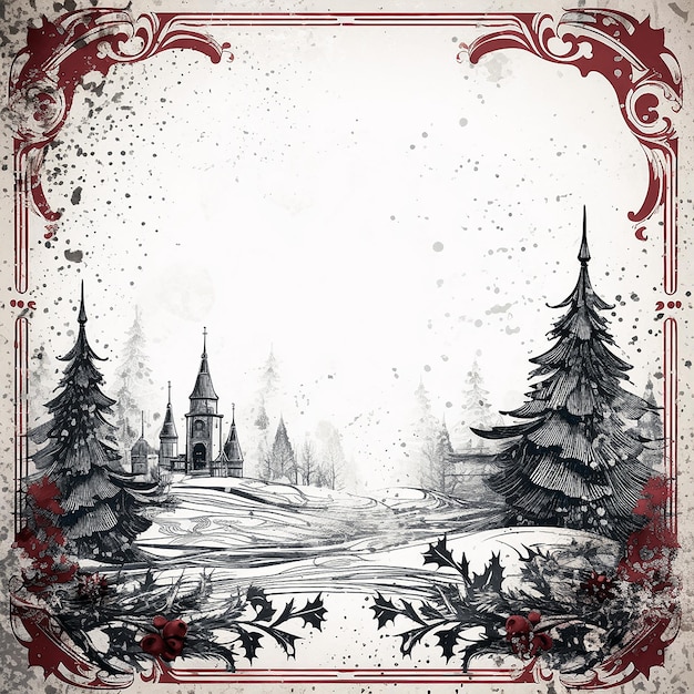 Paysage d'hiver avec sapins et église sur fond de papier ancien illustration de style vectoriel