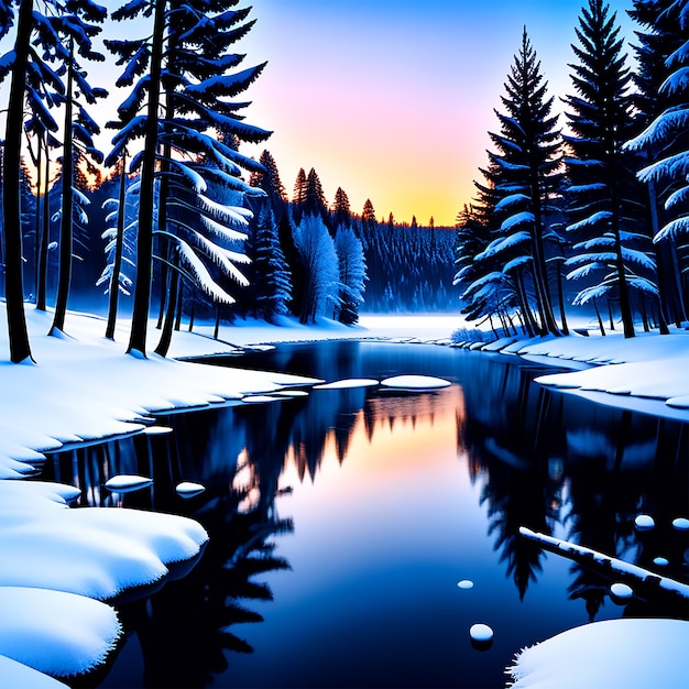 un paysage d'hiver serein avec des arbres couverts de neige un lac gelé et la lumière douce du matin capture