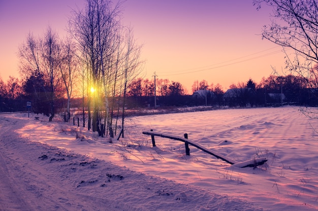 Paysage d'hiver en soirée rurale