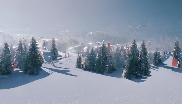 Paysage d'hiver et station de ski sapins enneigés Repos dans les montagnes en hiver Pistes de montagne dans la neige Illustration 3D de la saison d'hiver