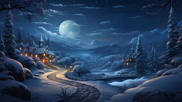 Paysage d'hiver avec vieille maison en bois la nuit Chemin en bois dans la forêt de neige à Noël