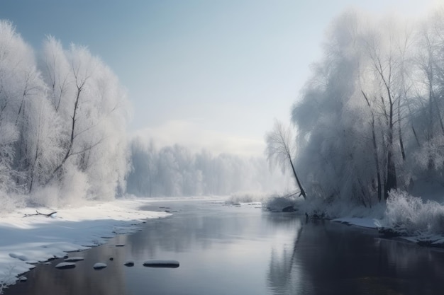 Le paysage hivernal des arbres de la rivière dans la neige génère Ai