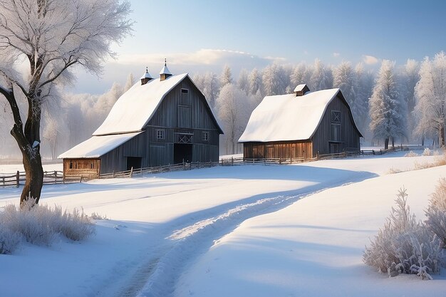 Paysage hivernal à la campagne avec une grange