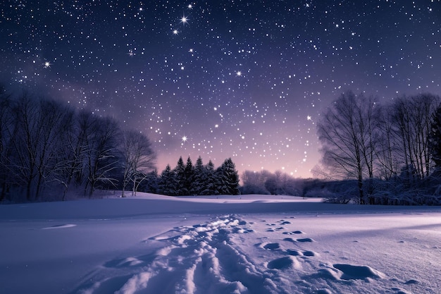 Un paysage hivernal avec un champ couvert de neige orné d'arbres sous un ciel étoilé Une nuit d'hiver paisible avec des étoiles brillant sur le paysage enneigé généré par l'IA