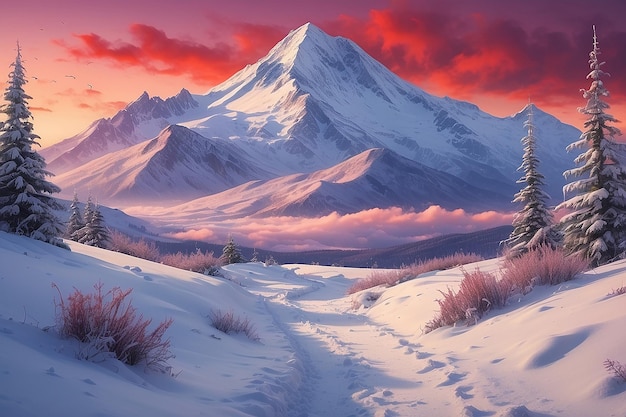 Un paysage hivernal avec un chemin couvert de neige et un ciel rouge avec une montagne en arrière-plan