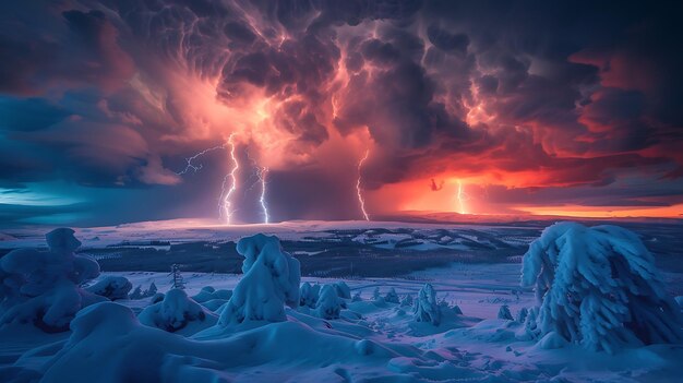 Un paysage hivernal avec un ciel orageux