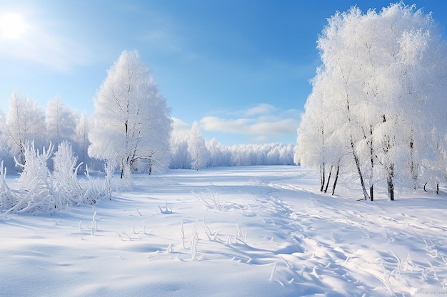 Un paysage hivernal couvert d'une épaisse neige blanche avec des arbres et un ciel bleu