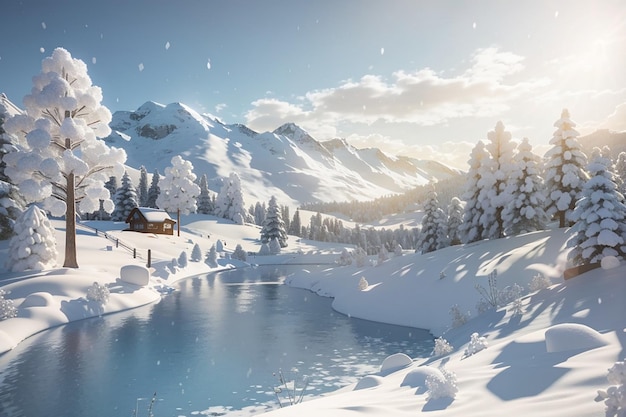 Paysage hivernal enneigé en 3D