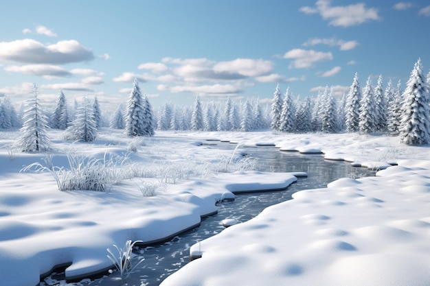 Paysage hivernal enneigé en 3D