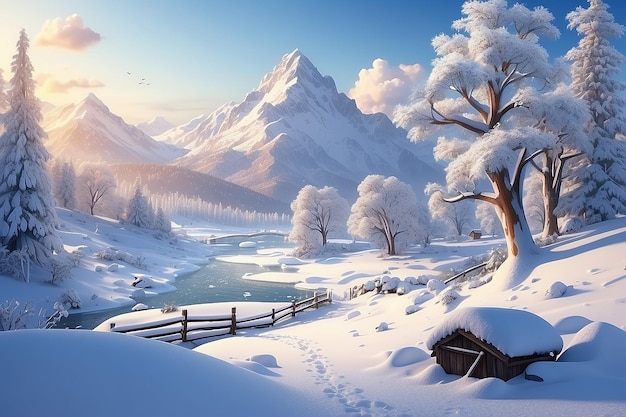 Paysage hivernal enneigé en 3D