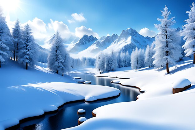 Paysage hivernal enneigé en 3D