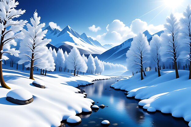 Paysage hivernal enneigé en 3D