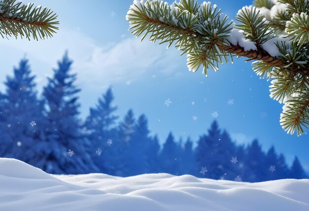 Un paysage hivernal enneigé avec une branche de pin couverte de neige contre un ciel bleu avec de la neige qui tombe