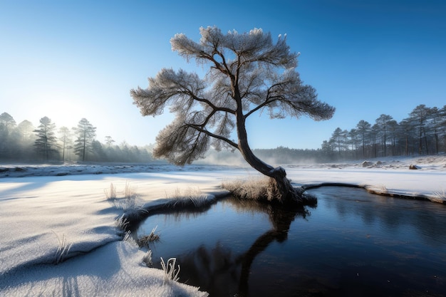 Paysage hivernal glacé pin solitaire neige étincelante et ruisseau serein génératif IA