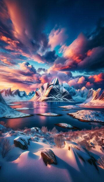 Un paysage hivernal incroyable capturant les fjords du nord avec des montagnes à couper le souffle