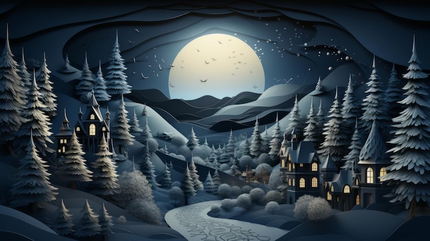 Un paysage hivernal avec une lune et des arbres la nuit