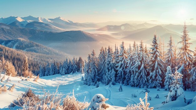 Photo paysage hivernal avec une montagne couverte de neige en arrière-plan