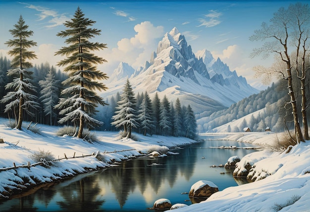 Paysage hivernal de montagnes et de rivières