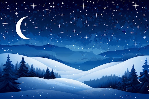 un paysage hivernal avec de la neige et des arbres la nuit
