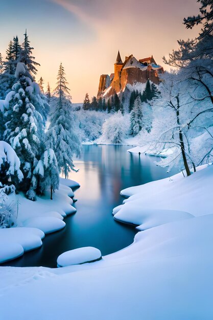 Photo paysage hivernal paisible avec de la glace gelée et un magnifique concept de pays des merveilles hivernales du château