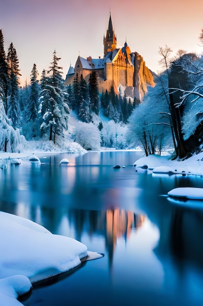 Photo paysage hivernal paisible avec de la glace gelée et un magnifique concept de pays des merveilles hivernales du château