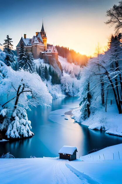 Photo paysage hivernal paisible avec de la glace gelée et un magnifique concept de pays des merveilles hivernales du château