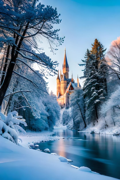 paysage hivernal paisible avec de la glace gelée et un magnifique concept de pays des merveilles hivernales du château