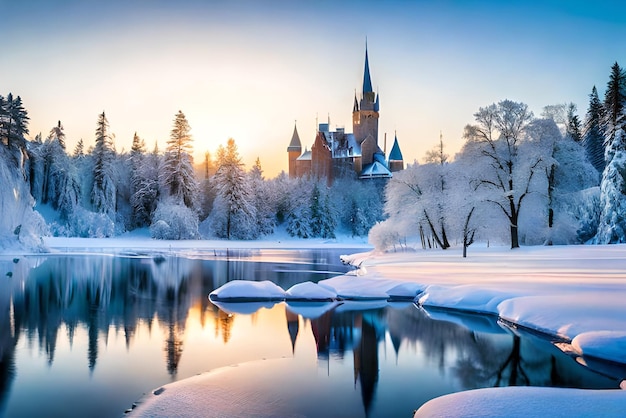 paysage hivernal paisible avec de la glace gelée et un magnifique concept de pays des merveilles hivernales du château