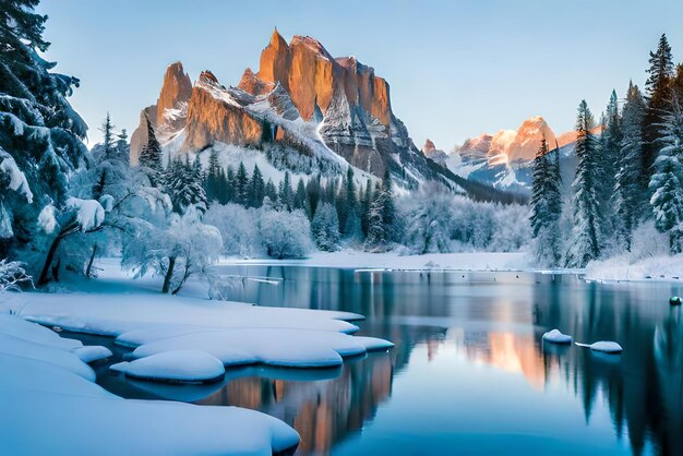 paysage hivernal paisible avec de la glace gelée et un magnifique concept de pays des merveilles hivernales du château