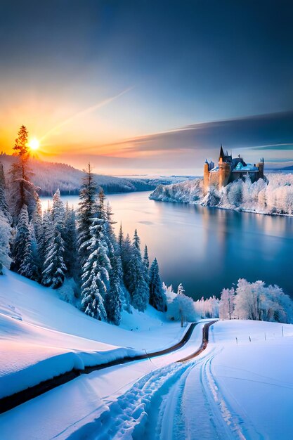 Photo paysage hivernal paisible avec de la glace gelée et un magnifique concept de pays des merveilles hivernales du château